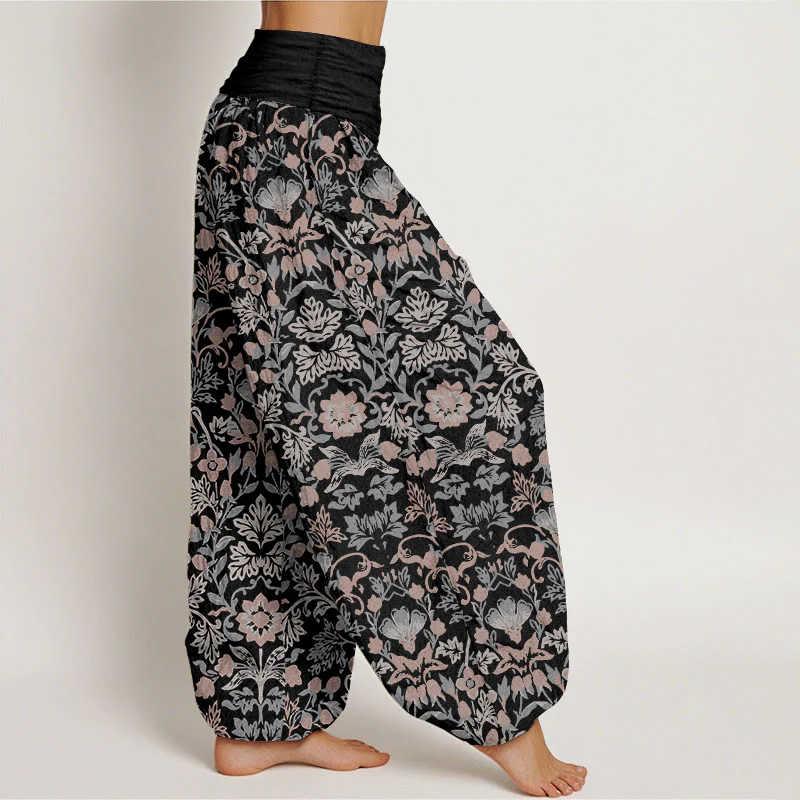 Pantaloni harem da donna con elastico in vita, motivo a foglie di vite e fiori in puro cotone, motivo Buddha Stones - Image 3