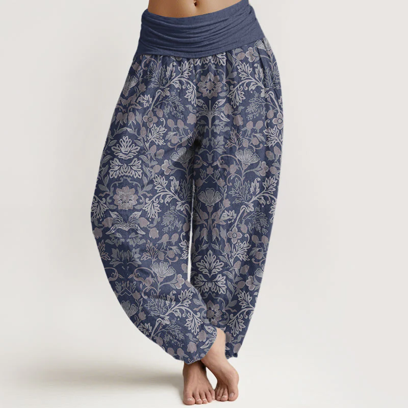 Pantaloni harem da donna con elastico in vita, motivo a foglie di vite e fiori in puro cotone, motivo Buddha Stones - Image 6