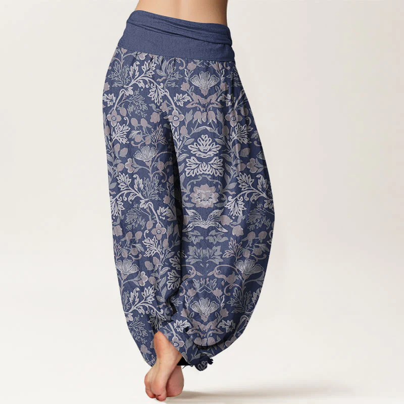 Pantaloni harem da donna con elastico in vita, motivo a foglie di vite e fiori in puro cotone, motivo Buddha Stones - Image 7