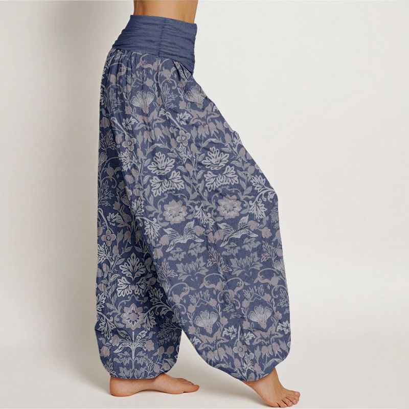 Pantaloni harem da donna con elastico in vita, motivo a foglie di vite e fiori in puro cotone, motivo Buddha Stones - Image 8