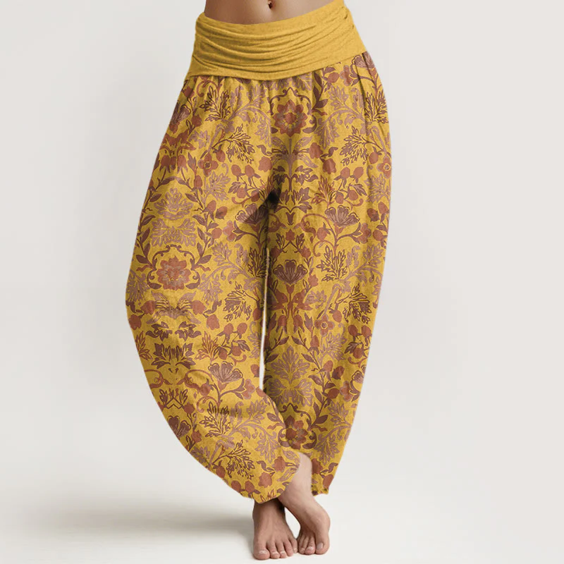 Pantaloni harem da donna con elastico in vita, motivo a foglie di vite e fiori in puro cotone, motivo Buddha Stones - Image 9