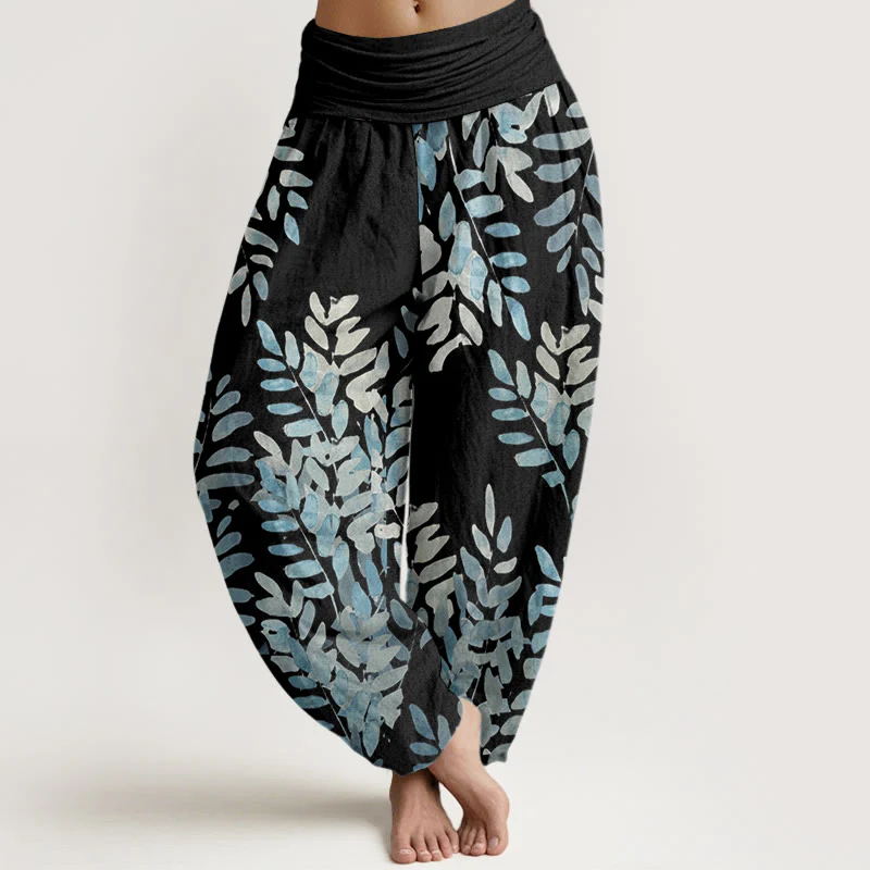 Pantaloni harem da donna con elastico in vita, in cotone, casual, con motivo a foglie intrecciate e motivo a Buddha Stones