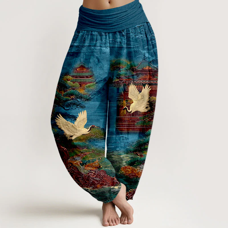 Pantaloni harem da donna con elastico in vita, motivo a gru, architettura di pino e nuvole, in cotone Buddha Stones