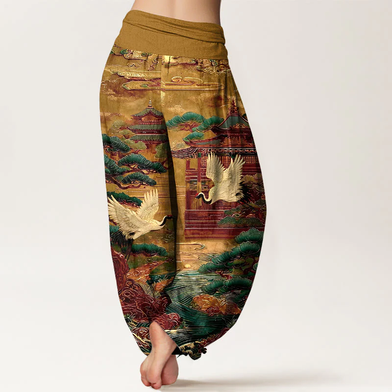 Pantaloni harem da donna con elastico in vita, motivo a gru, architettura di pino e nuvole, in cotone Buddha Stones - Image 10