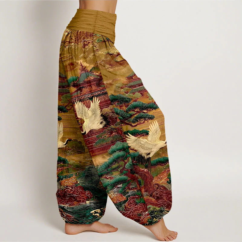 Pantaloni harem da donna con elastico in vita, motivo a gru, architettura di pino e nuvole, in cotone Buddha Stones - Image 11