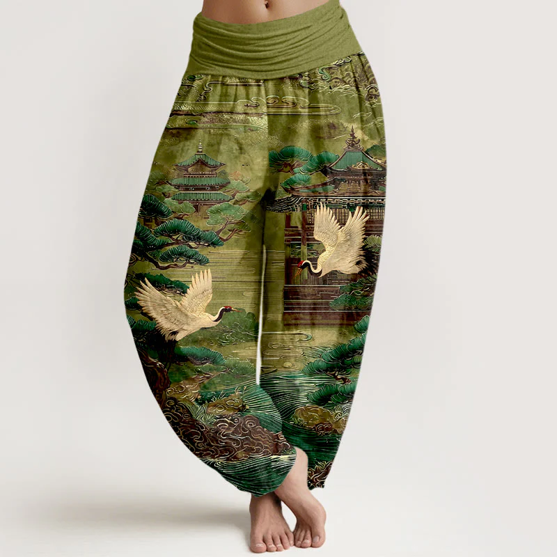 Pantaloni harem da donna con elastico in vita, motivo a gru, architettura di pino e nuvole, in cotone Buddha Stones - Image 6