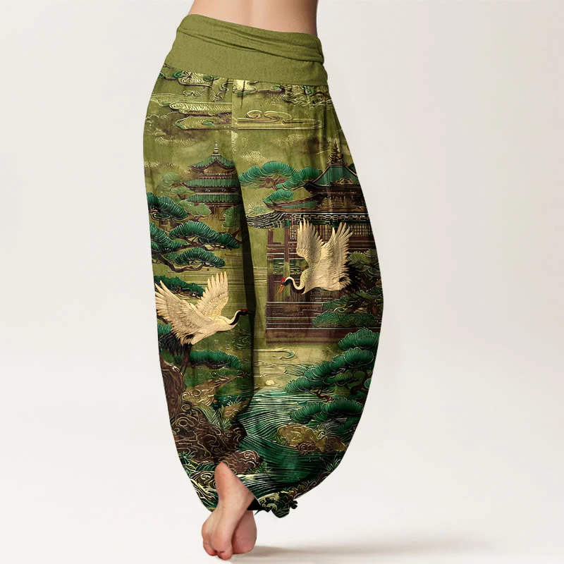 Pantaloni harem da donna con elastico in vita, motivo a gru, architettura di pino e nuvole, in cotone Buddha Stones - Image 7