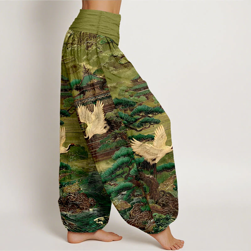 Pantaloni harem da donna con elastico in vita, motivo a gru, architettura di pino e nuvole, in cotone Buddha Stones - Image 8