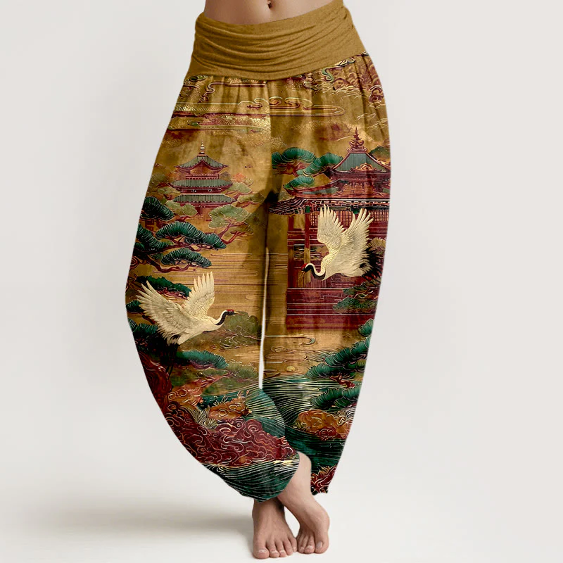 Pantaloni harem da donna con elastico in vita, motivo a gru, architettura di pino e nuvole, in cotone Buddha Stones - Image 9