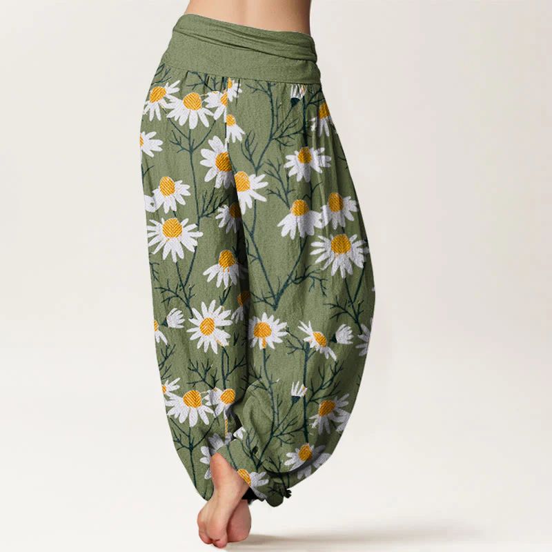 Pantaloni harem da donna con elastico in vita, motivo a margherita e petali bianchi in cotone Buddha Stones - Image 2