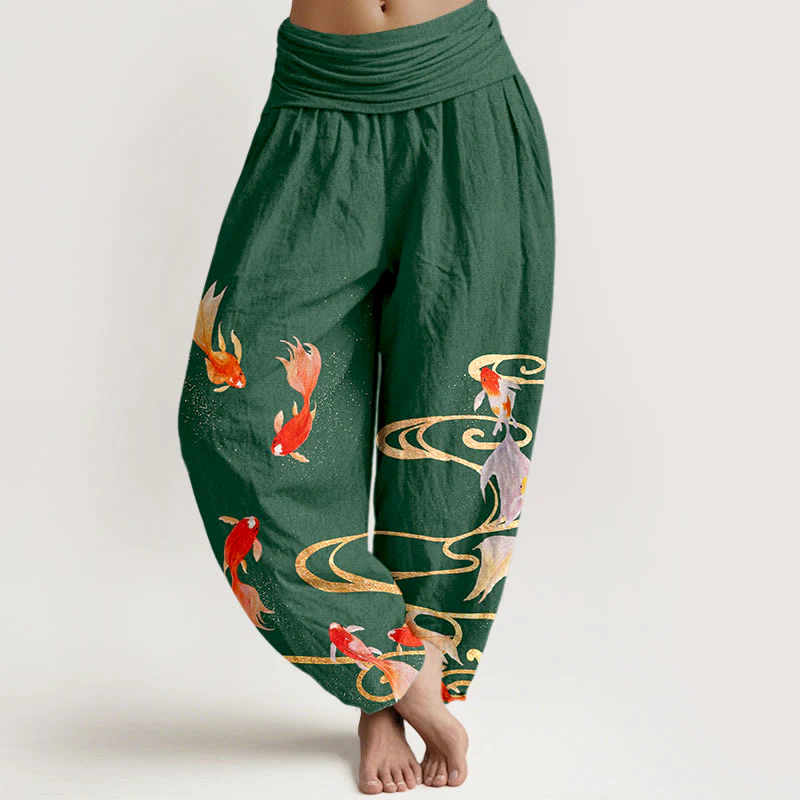 Pantaloni harem da donna con elastico in vita, motivo a onde d'acqua e pesci koi in puro cotone Buddha Stones - Image 9