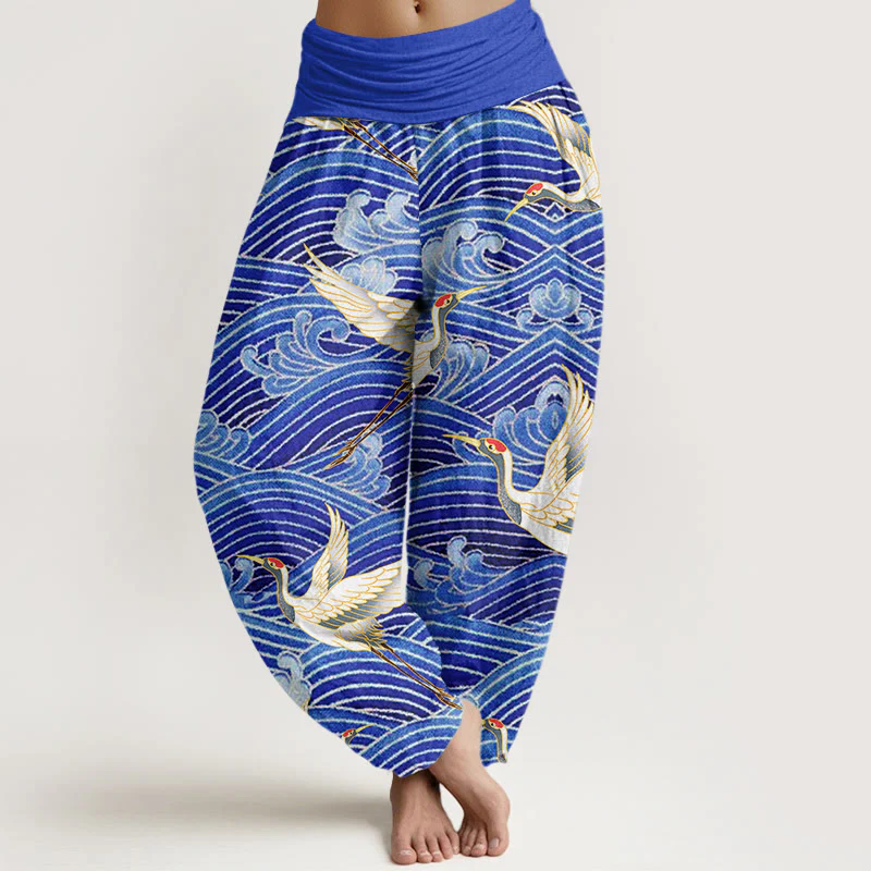 Pantaloni harem da donna con elastico in vita, motivo a onde dell'oceano e motivo a gru in cotone casual Buddha Stones