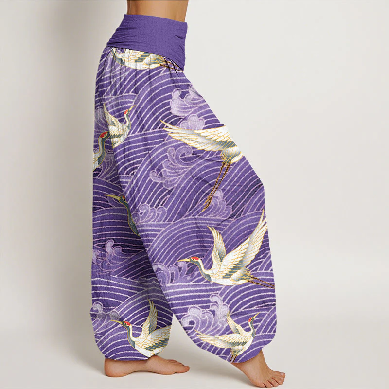 Pantaloni harem da donna con elastico in vita, motivo a onde dell'oceano e motivo a gru in cotone casual Buddha Stones - Image 10