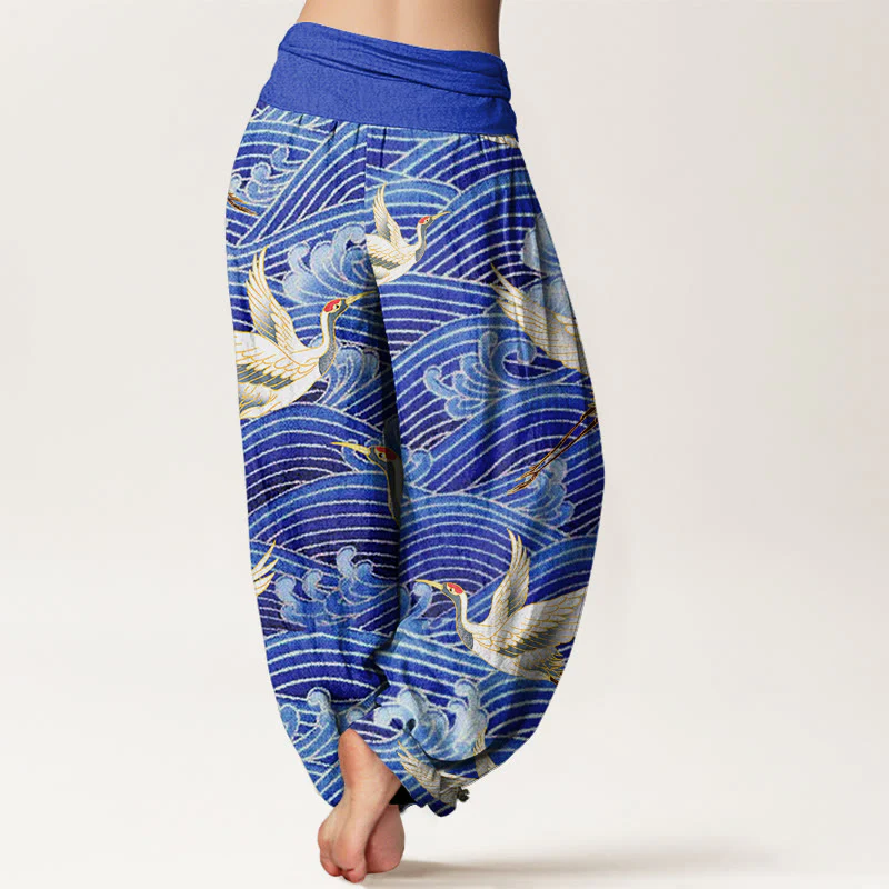 Pantaloni harem da donna con elastico in vita, motivo a onde dell'oceano e motivo a gru in cotone casual Buddha Stones - Image 2