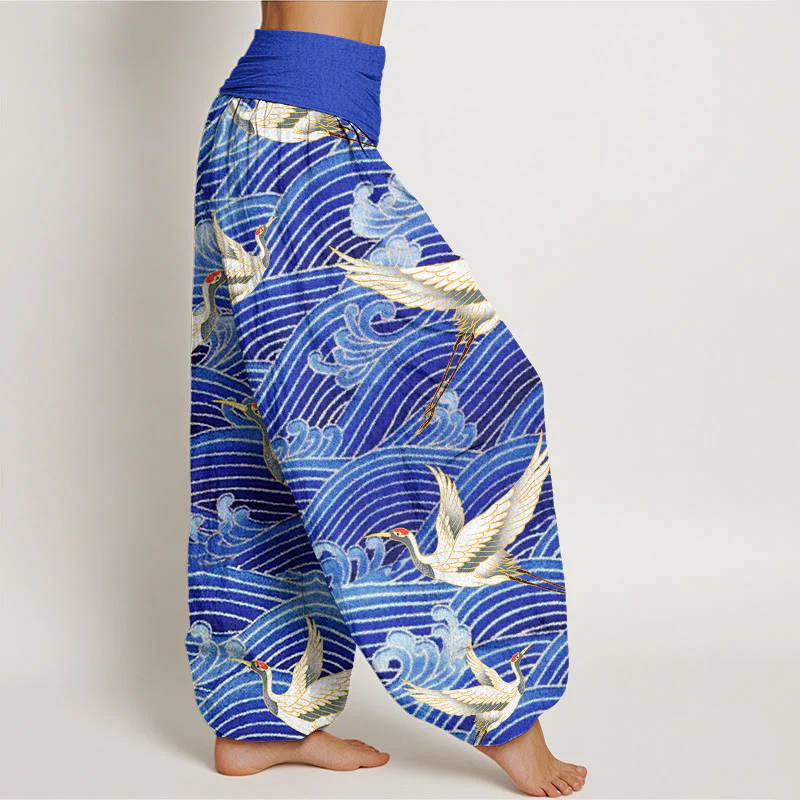Pantaloni harem da donna con elastico in vita, motivo a onde dell'oceano e motivo a gru in cotone casual Buddha Stones - Image 3