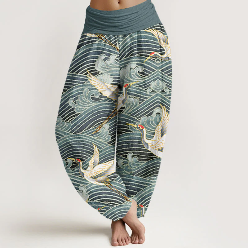 Pantaloni harem da donna con elastico in vita, motivo a onde dell'oceano e motivo a gru in cotone casual Buddha Stones - Image 5