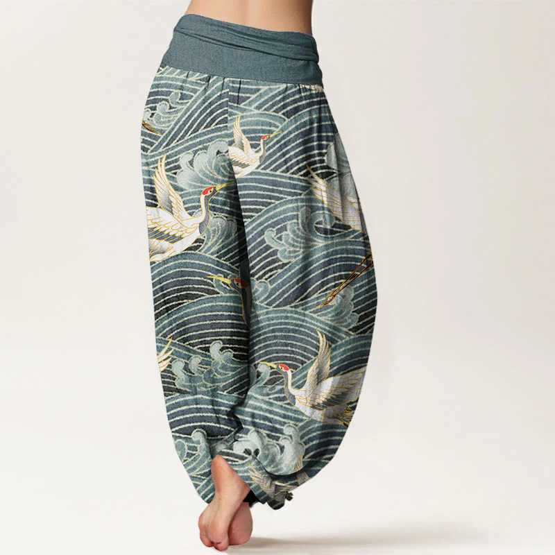 Pantaloni harem da donna con elastico in vita, motivo a onde dell'oceano e motivo a gru in cotone casual Buddha Stones - Image 6