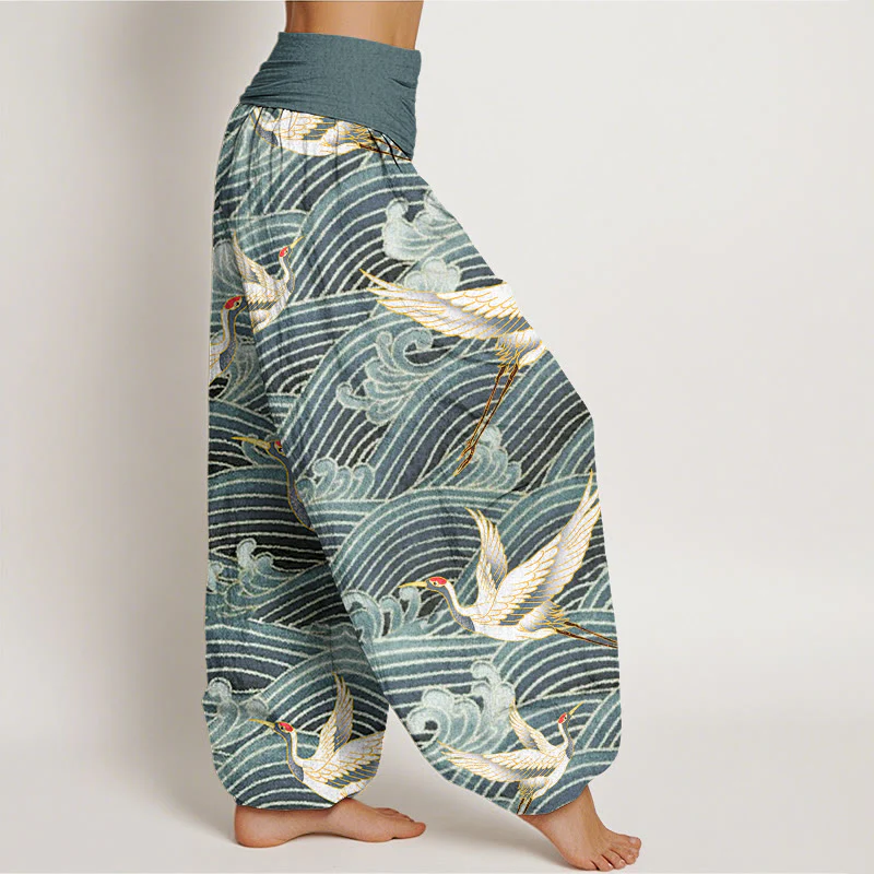 Pantaloni harem da donna con elastico in vita, motivo a onde dell'oceano e motivo a gru in cotone casual Buddha Stones - Image 7
