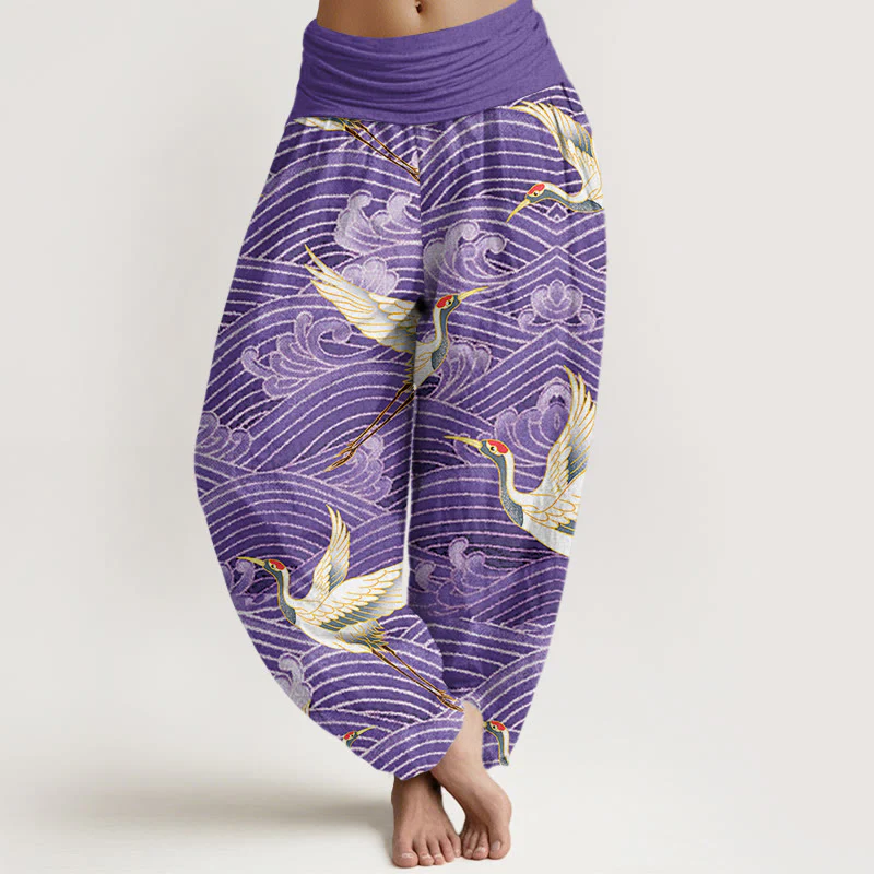 Pantaloni harem da donna con elastico in vita, motivo a onde dell'oceano e motivo a gru in cotone casual Buddha Stones - Image 8