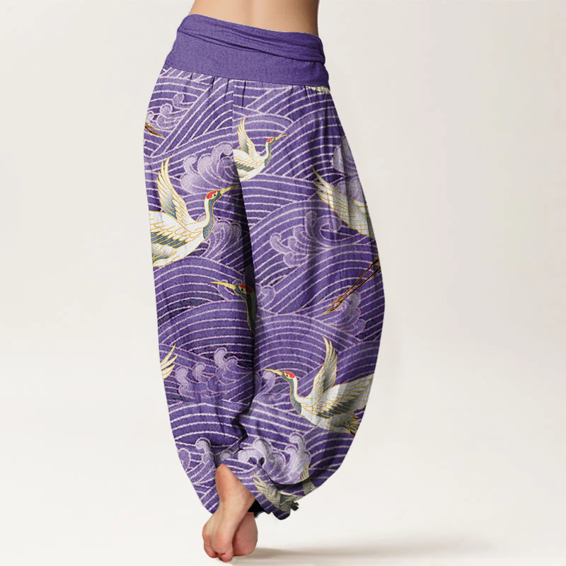 Pantaloni harem da donna con elastico in vita, motivo a onde dell'oceano e motivo a gru in cotone casual Buddha Stones - Image 9