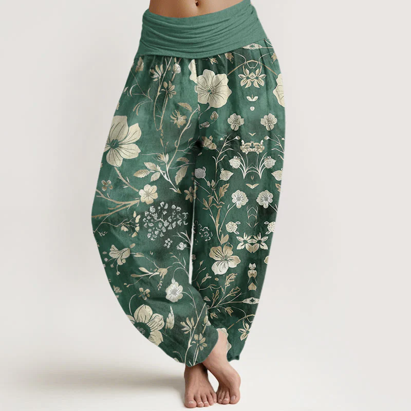 Pantaloni harem da donna con elastico in vita, in cotone, con motivo a fiori bianchi e pietre Buddha Stones
