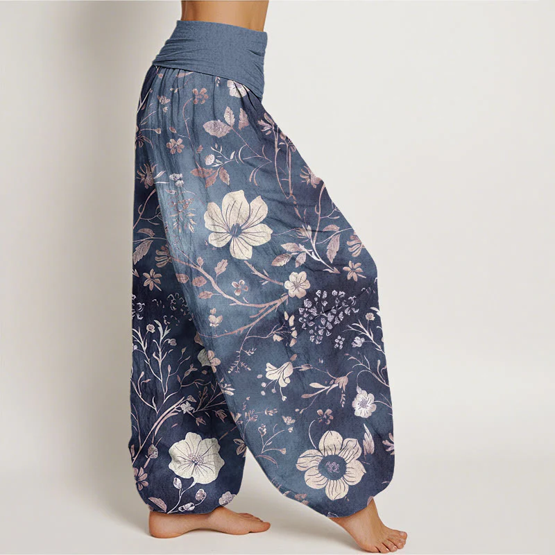 Pantaloni harem da donna con elastico in vita, in cotone, con motivo a fiori bianchi e pietre Buddha Stones - Image 10