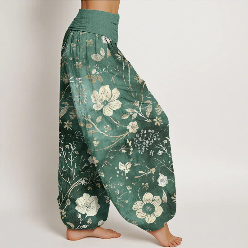 Pantaloni harem da donna con elastico in vita, in cotone, con motivo a fiori bianchi e pietre Buddha Stones - Image 3