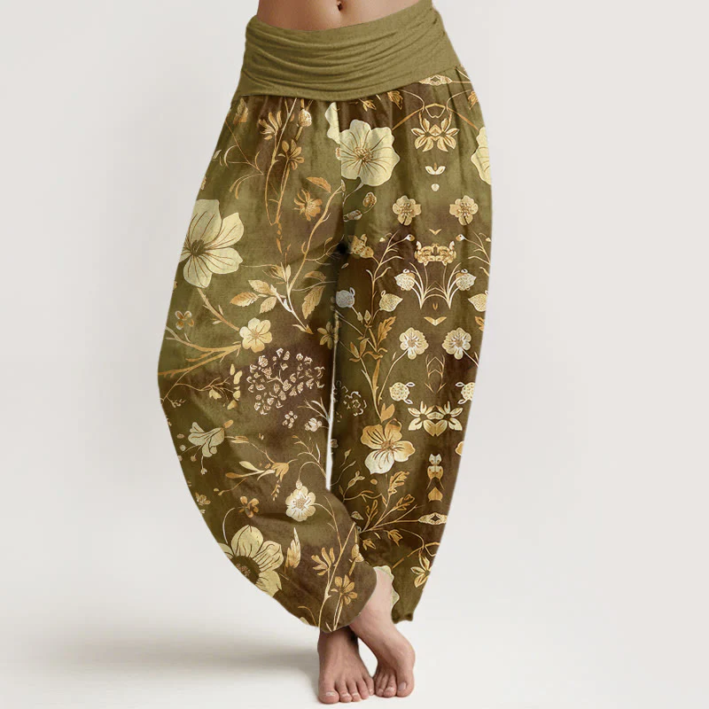 Pantaloni harem da donna con elastico in vita, in cotone, con motivo a fiori bianchi e pietre Buddha Stones - Image 5
