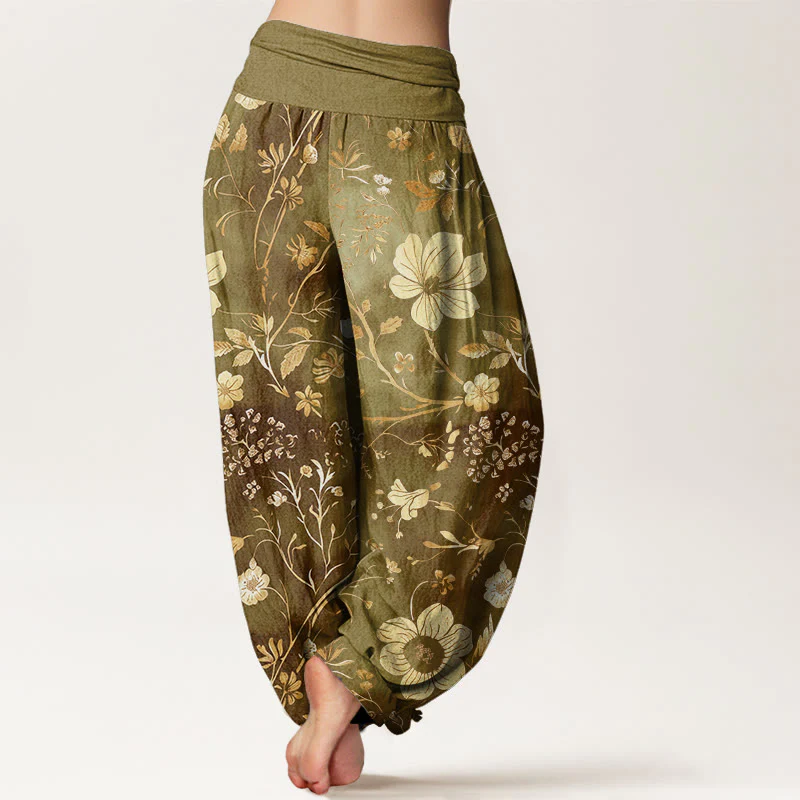 Pantaloni harem da donna con elastico in vita, in cotone, con motivo a fiori bianchi e pietre Buddha Stones - Image 6