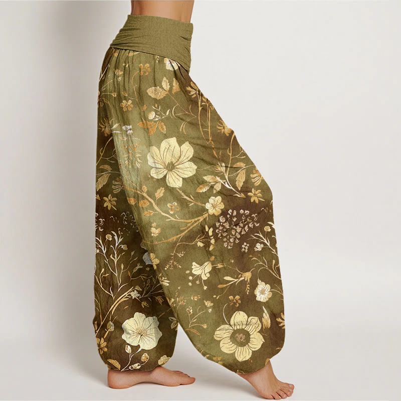 Pantaloni harem da donna con elastico in vita, in cotone, con motivo a fiori bianchi e pietre Buddha Stones - Image 7