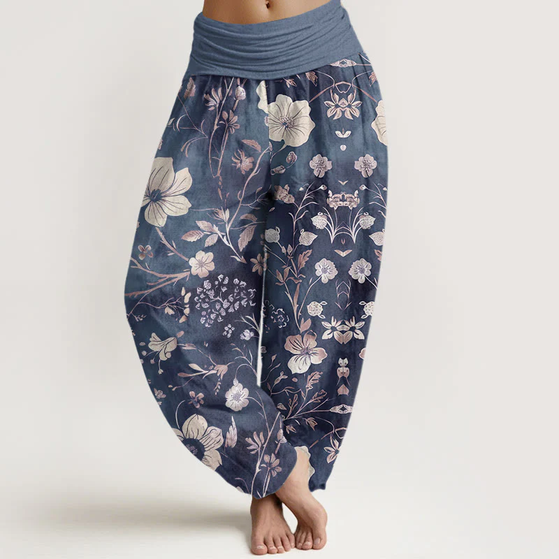 Pantaloni harem da donna con elastico in vita, in cotone, con motivo a fiori bianchi e pietre Buddha Stones - Image 8