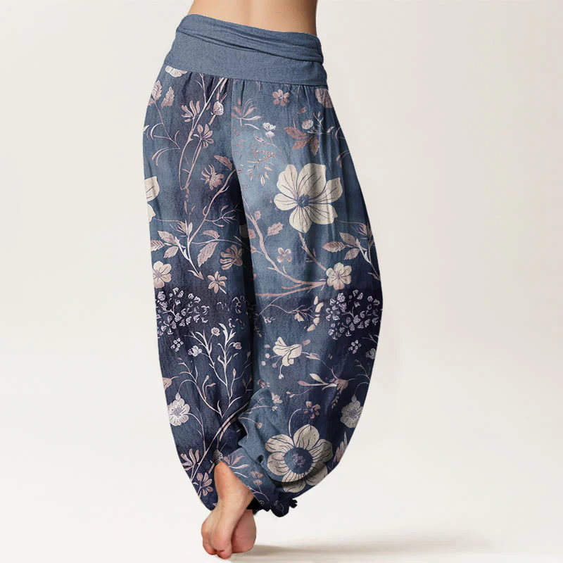 Pantaloni harem da donna con elastico in vita, in cotone, con motivo a fiori bianchi e pietre Buddha Stones - Image 9