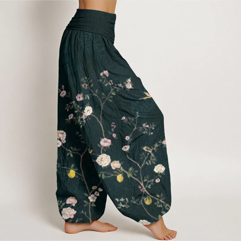 Pantaloni harem da donna con elastico in vita, in cotone, con fiori rosa e bianchi, Buddha Stones di bambù e frutta - Image 10