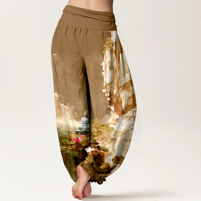 Pantaloni harem da donna con elastico in vita, motivo Buddha Stones, in cotone, con fiori di loto, foglie, rocce, superficie dell'acqua, nuvola, motivo Buddha - Image 10