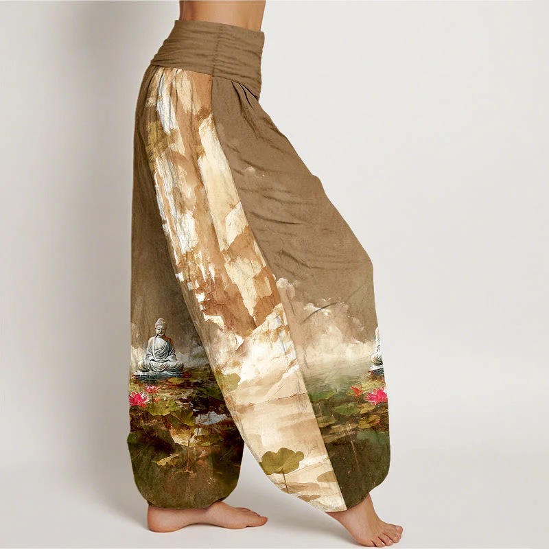 Pantaloni harem da donna con elastico in vita, motivo Buddha Stones, in cotone, con fiori di loto, foglie, rocce, superficie dell'acqua, nuvola, motivo Buddha - Image 11