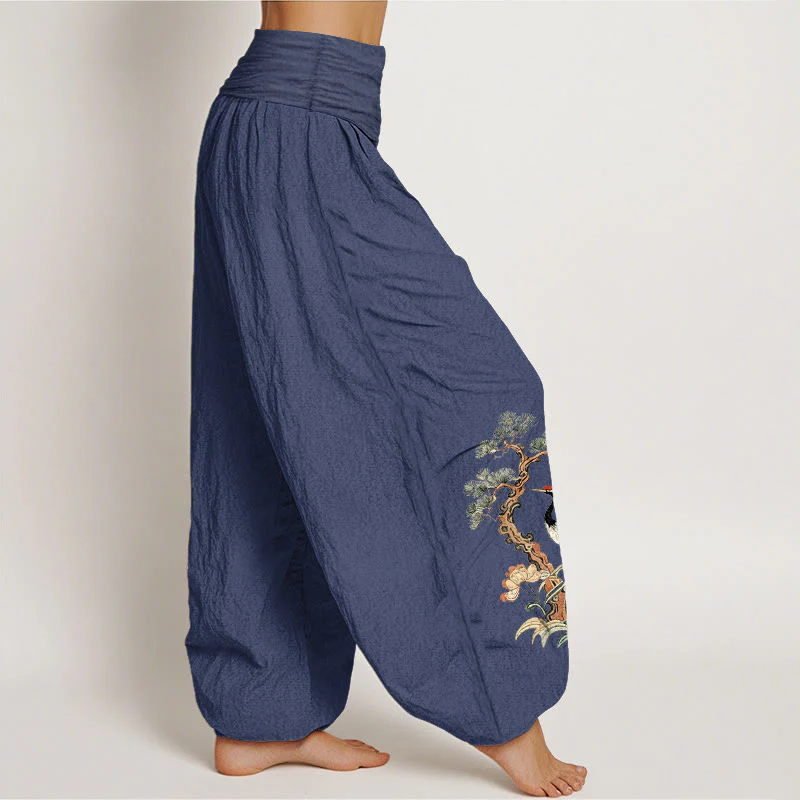 Pantaloni harem da donna con elastico in vita, motivo: Buddha Stones, in puro cotone, con gru, pino, fiori e erba - Image 11