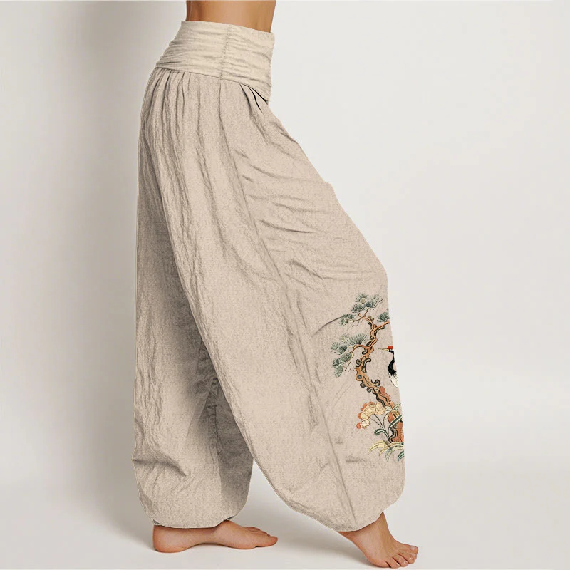 Pantaloni harem da donna con elastico in vita, motivo: Buddha Stones, in puro cotone, con gru, pino, fiori e erba - Image 3