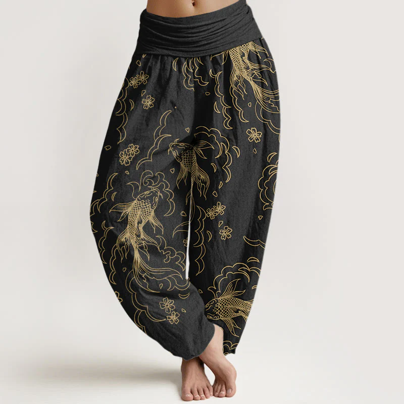 Pantaloni harem da donna con elastico in vita, in cotone, casual, con motivo a onde e petali, motivo Buddha Stones