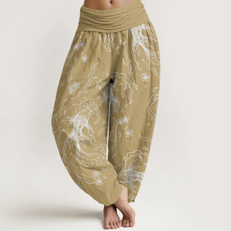 Pantaloni harem da donna con elastico in vita, in cotone, casual, con motivo a onde e petali, motivo Buddha Stones - Image 5