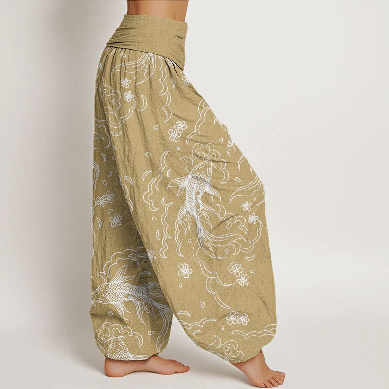 Pantaloni harem da donna con elastico in vita, in cotone, casual, con motivo a onde e petali, motivo Buddha Stones - Image 6