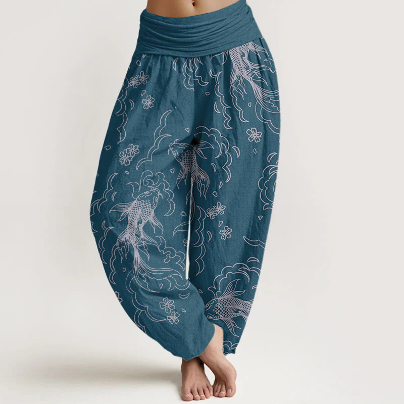 Pantaloni harem da donna con elastico in vita, in cotone, casual, con motivo a onde e petali, motivo Buddha Stones - Image 8