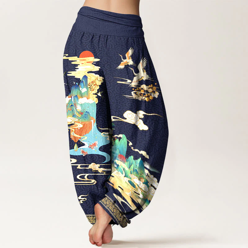 Pantaloni harem da donna con elastico in vita, motivo Buddha Stones Landscape Cranes Clouds in puro cotone - Image 10