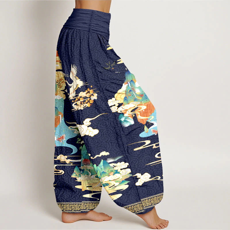 Pantaloni harem da donna con elastico in vita, motivo Buddha Stones Landscape Cranes Clouds in puro cotone - Image 11