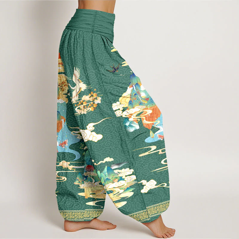 Pantaloni harem da donna con elastico in vita, motivo Buddha Stones Landscape Cranes Clouds in puro cotone - Image 8