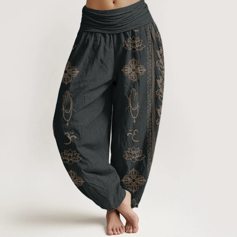 Pantaloni harem da donna con elastico in vita, motivo Buddha Stones Cotton Lotus Flowers Double Dorje Vajra Namaste Om