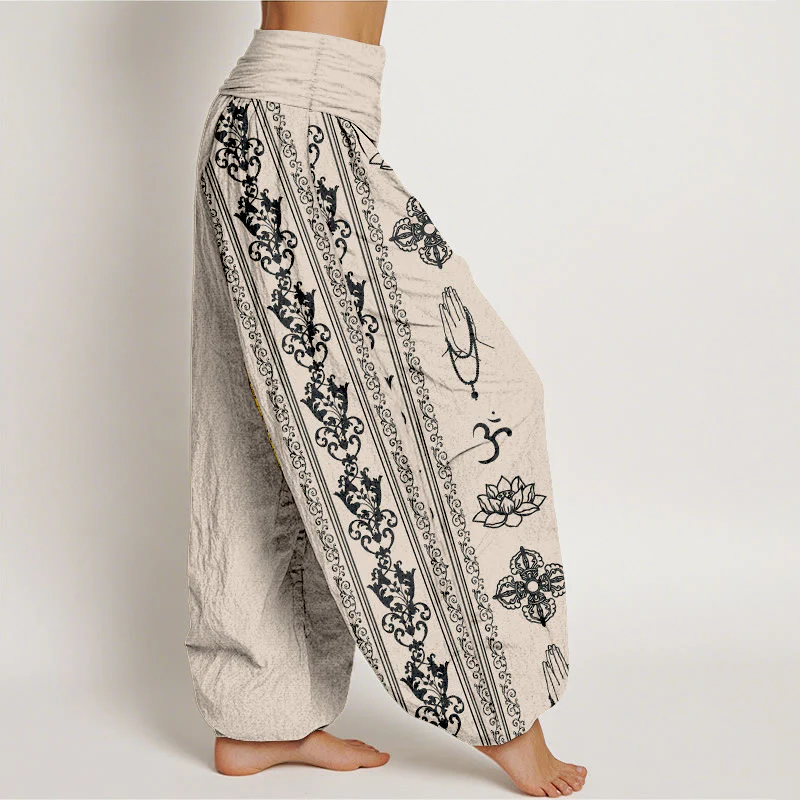 Pantaloni harem da donna con elastico in vita, motivo Buddha Stones Cotton Lotus Flowers Double Dorje Vajra Namaste Om - Image 11