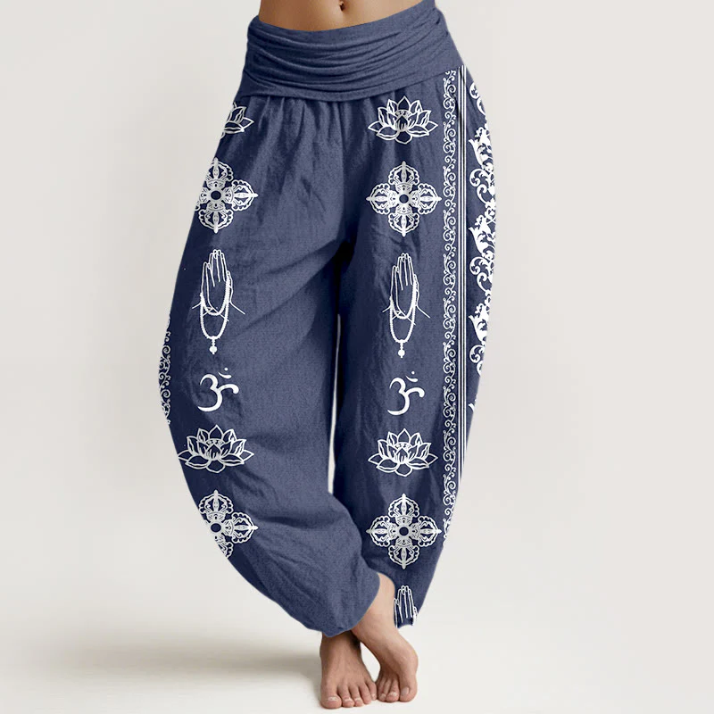 Pantaloni harem da donna con elastico in vita, motivo Buddha Stones Cotton Lotus Flowers Double Dorje Vajra Namaste Om - Image 12