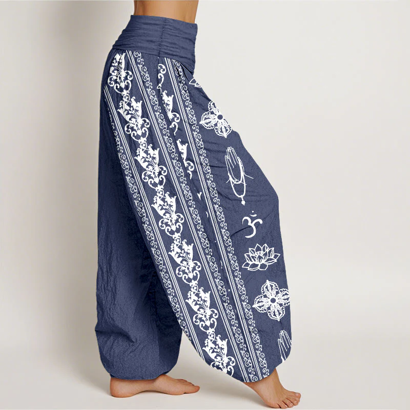 Pantaloni harem da donna con elastico in vita, motivo Buddha Stones Cotton Lotus Flowers Double Dorje Vajra Namaste Om - Image 14