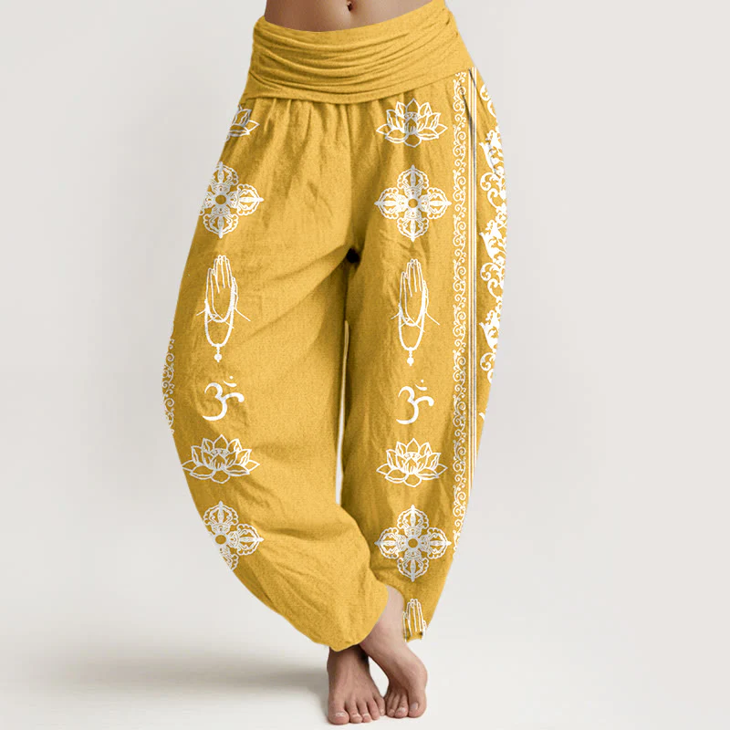 Pantaloni harem da donna con elastico in vita, motivo Buddha Stones Cotton Lotus Flowers Double Dorje Vajra Namaste Om - Image 15
