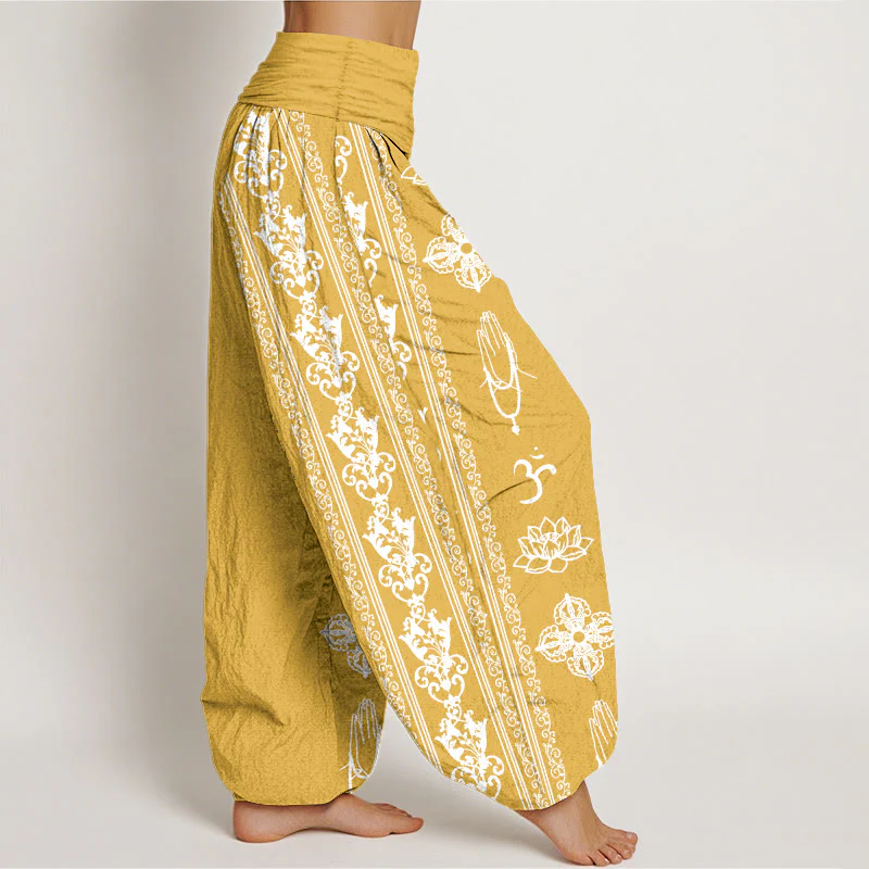 Pantaloni harem da donna con elastico in vita, motivo Buddha Stones Cotton Lotus Flowers Double Dorje Vajra Namaste Om - Image 17